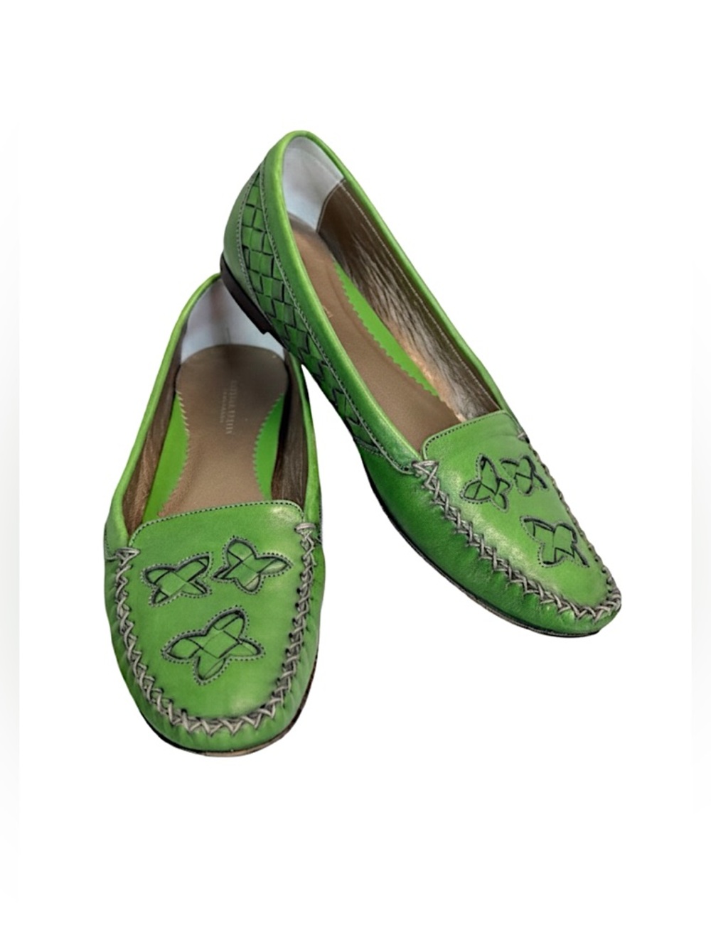 Bottega Veneta Green Leather Butterfly Stitch Loafers Woven Detail 38.5